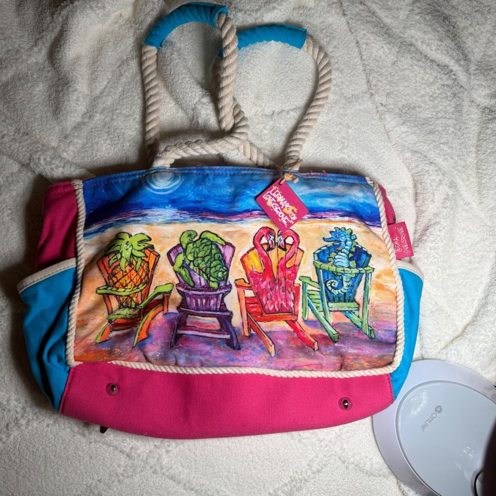 Leoma Lovegrove Beach Chairs Canvas Tote Bag Rope Handles Flamingo Turtle NWT